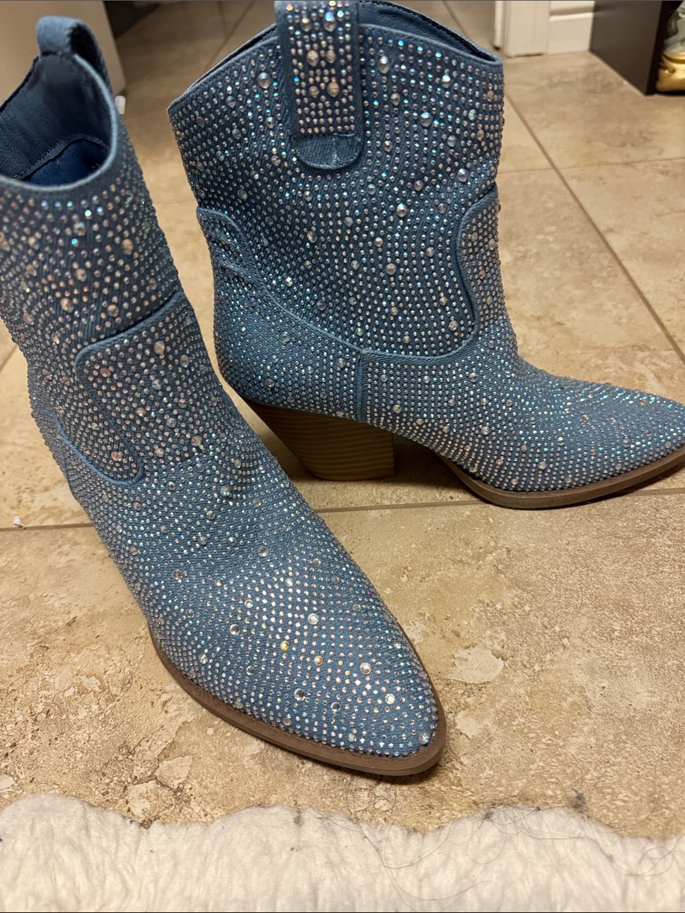 Crystal-Embellished Blue Western Ankle Boots - Women